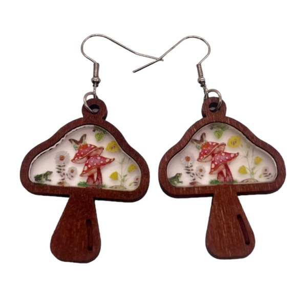 ❤️ FREE Mushroom Wood Like Floral Chic Glam Hipster Hippie Artsy Drop Earrings - Picture 1 of 6